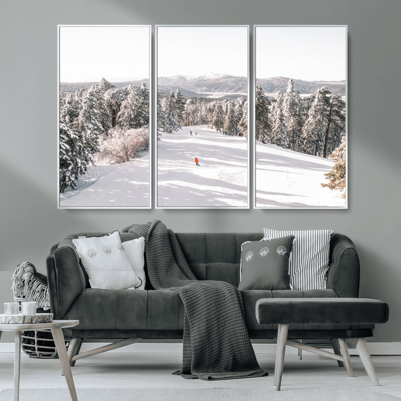 Bright ski trail lined with snow-covered pines and a skier in orange, perfect for alpine adventure or winter sports-inspired decor.