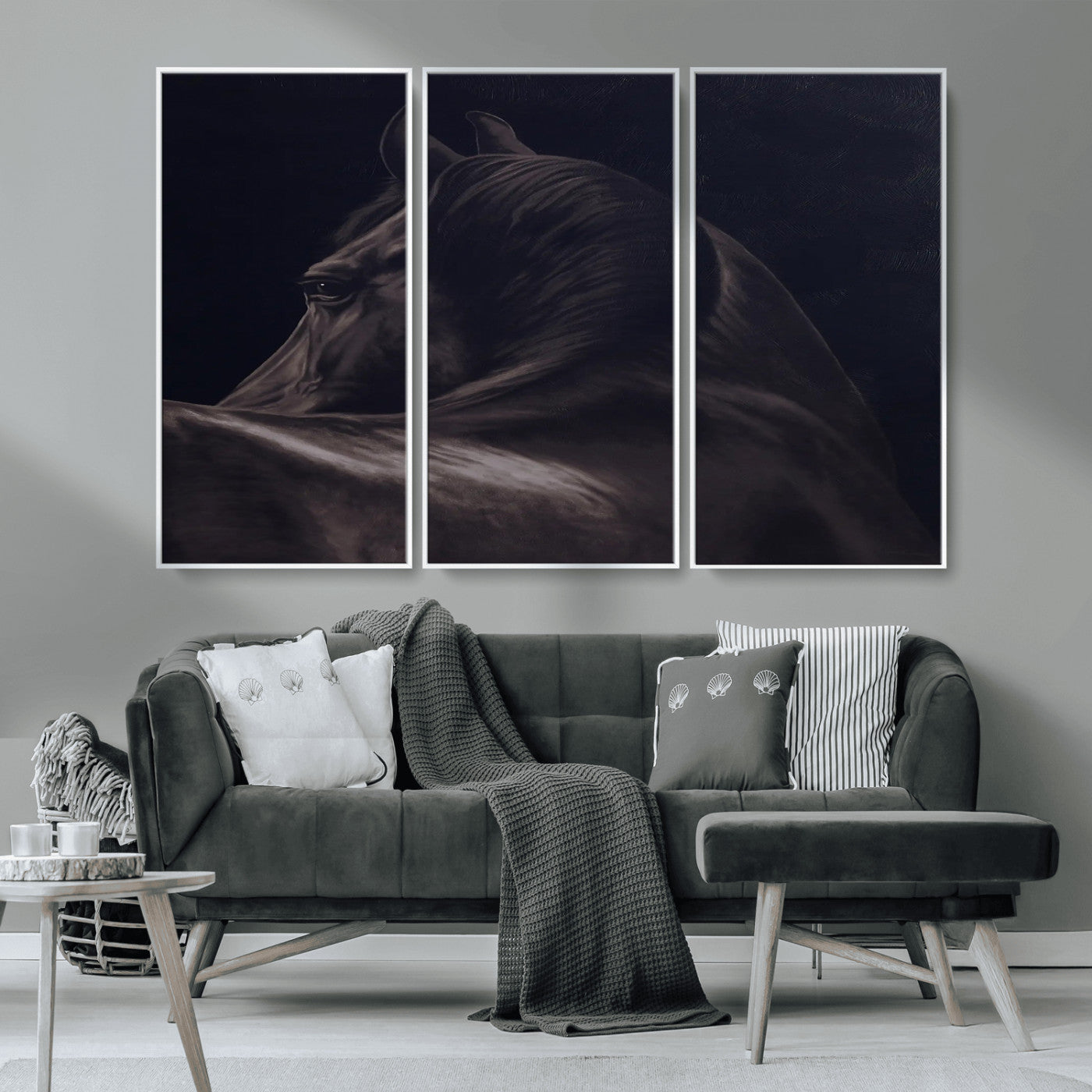 Close-up of a black horse with dramatic lighting on a dark background, perfect for rustic or masculine home decor.