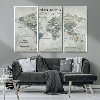 Customize Push Pin World Map Wall Canvas Print – Personalized Travel Tracker with Pins – Framed Custom Quotie Canvas for Home Office Decor