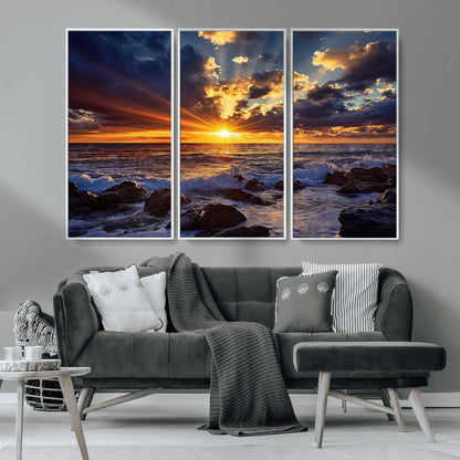 An explosive sunset over the ocean with dramatic clouds and rays of sunlight reflecting off the water, creating a vibrant and captivating view.