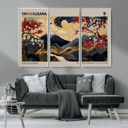Yayoi Kusama's artwork featuring Mount Fuji, blooming cherry trees, and intricate swirls, blending traditional Japanese elements with vibrant color.