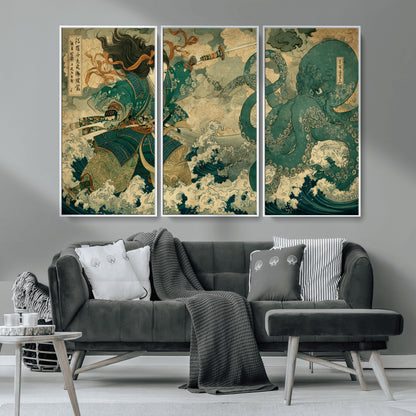 Tsukioka Yoshitoshi Samurai Wall Art Print, Japanese Katana Warrior Canvas Wall Art, Octopus Sea Monster Canvas Print,