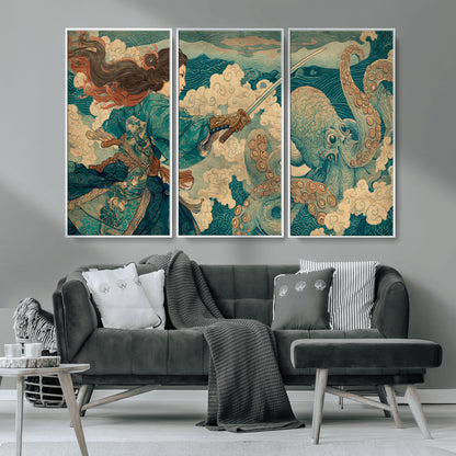 Tsukioka Yoshitoshi Samurai Wall Art Print, Japanese Katana Warrior Canvas Wall Art, Octopus Sea Monster Canvas Print,