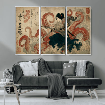 Tsukioka Yoshitoshi Samurai Wall Art Print, Japanese Katana Warrior Canvas Wall Art, Octopus Sea Monster Canvas Print,