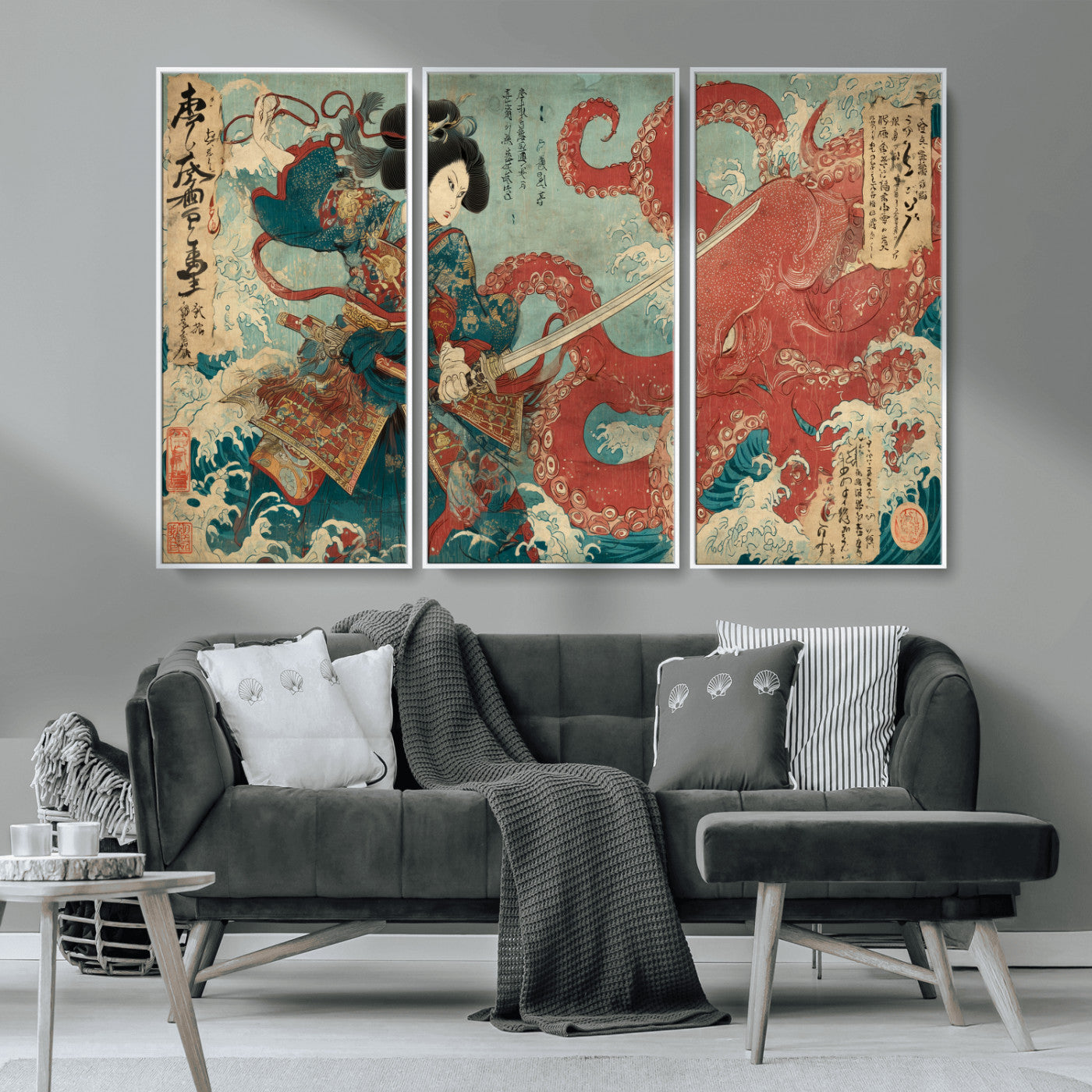 Tsukioka Yoshitoshi Samurai Wall Art Print, Japanese Katana Warrior Canvas Wall Art, Octopus Sea Monster Canvas Print,