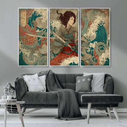 Tsukioka Yoshitoshi Samurai Wall Art Print, Japanese Katana Warrior Canvas Wall Art, Octopus Sea Monster Canvas Print,