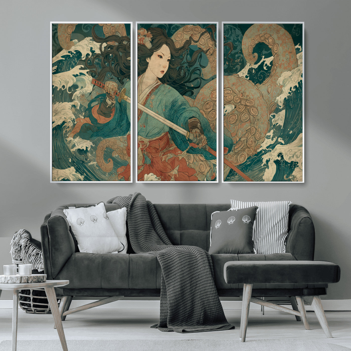 Tsukioka Yoshitoshi Samurai Wall Art Print, Japanese Katana Warrior Canvas Wall Art, Octopus Sea Monster Canvas Print,