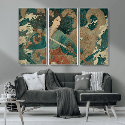 Tsukioka Yoshitoshi Samurai Wall Art Print, Japanese Katana Warrior Canvas Wall Art, Octopus Sea Monster Canvas Print,