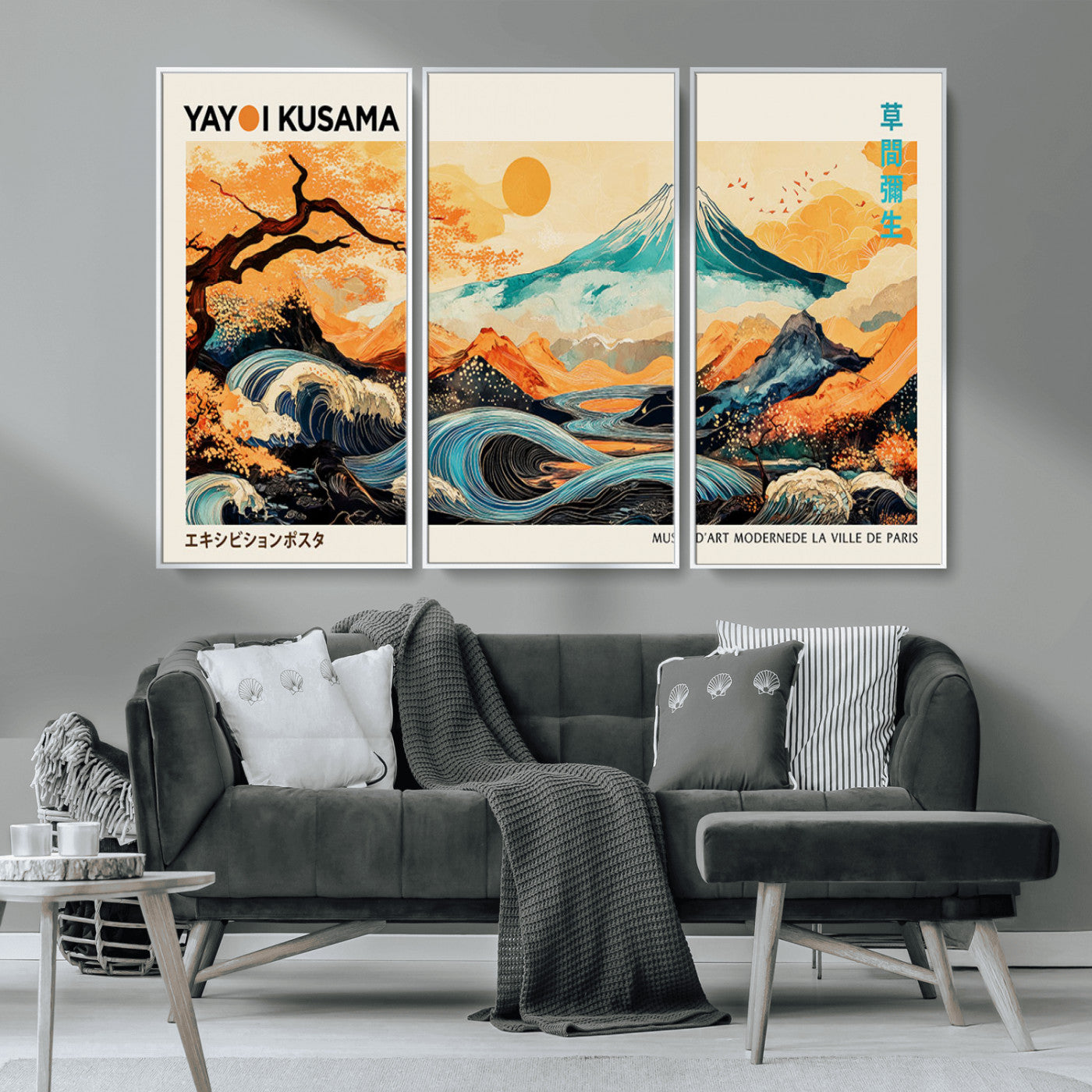 Modern Japanese-style art print featuring a stylized Mount Fuji, flowing waves, and vibrant landscapes in bold colors, inspired by traditional and contemporary aesthetics.