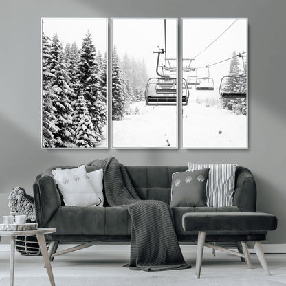 Black and white canvas of empty ski lifts over a snowy pine forest, perfect for minimal winter or ski lodge-inspired decor.
