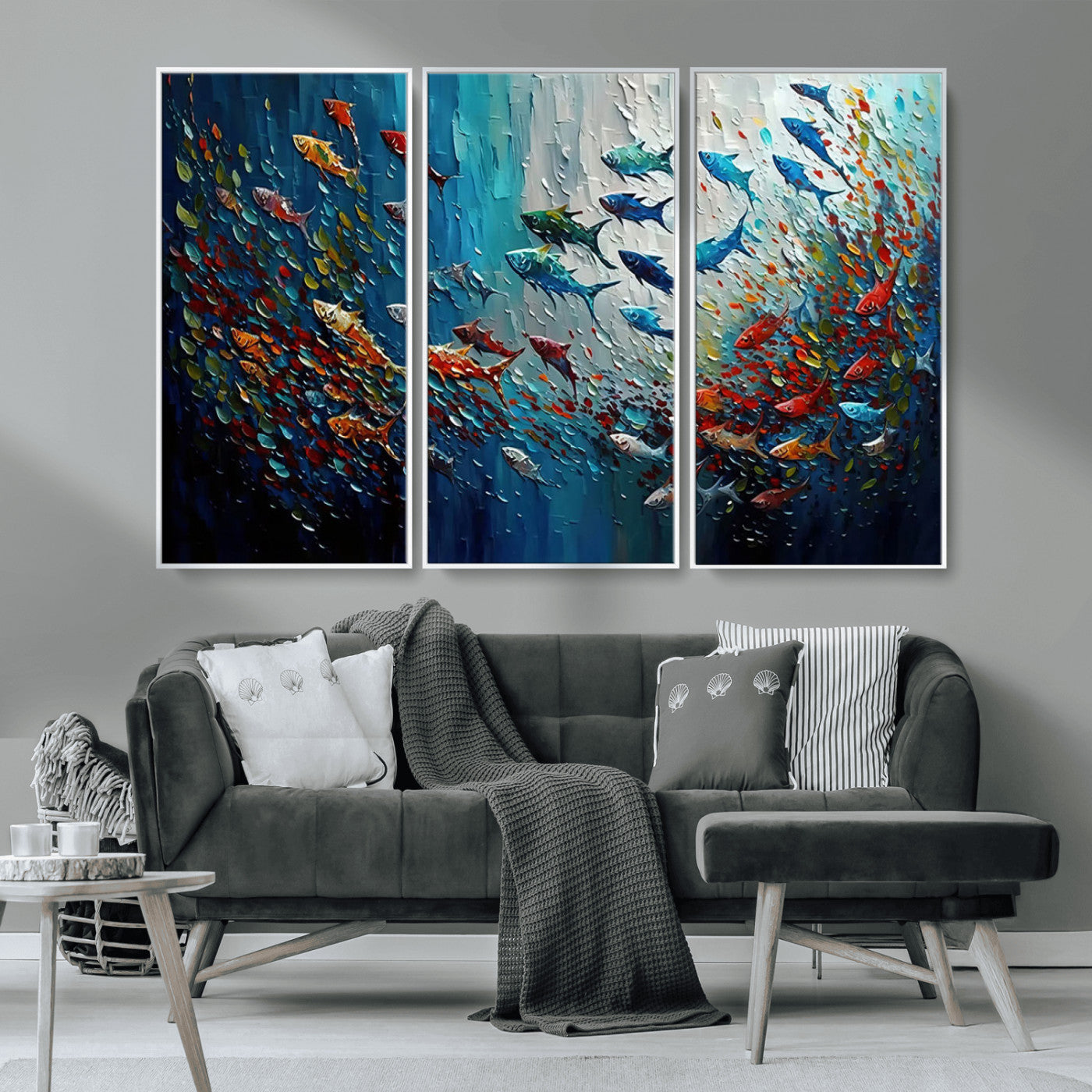 Colorful painting of fish swimming in abstract ocean swirls, perfect for vibrant marine-themed or expressive coastal home decor.