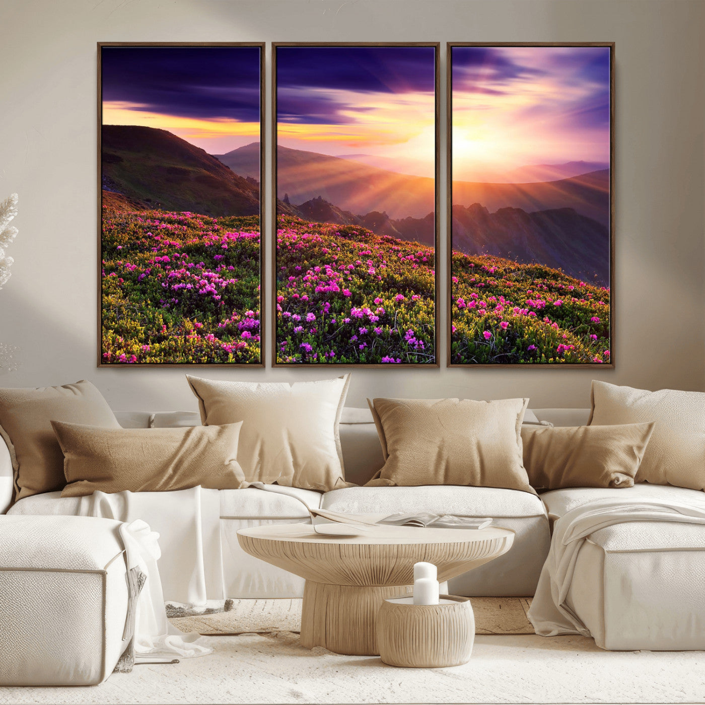 -Mountain Sunrise Wall Art – Vibrant Floral Landscape Canvas Print, Nature Home Decor for Living Room, Bedroom Office or Cabin
