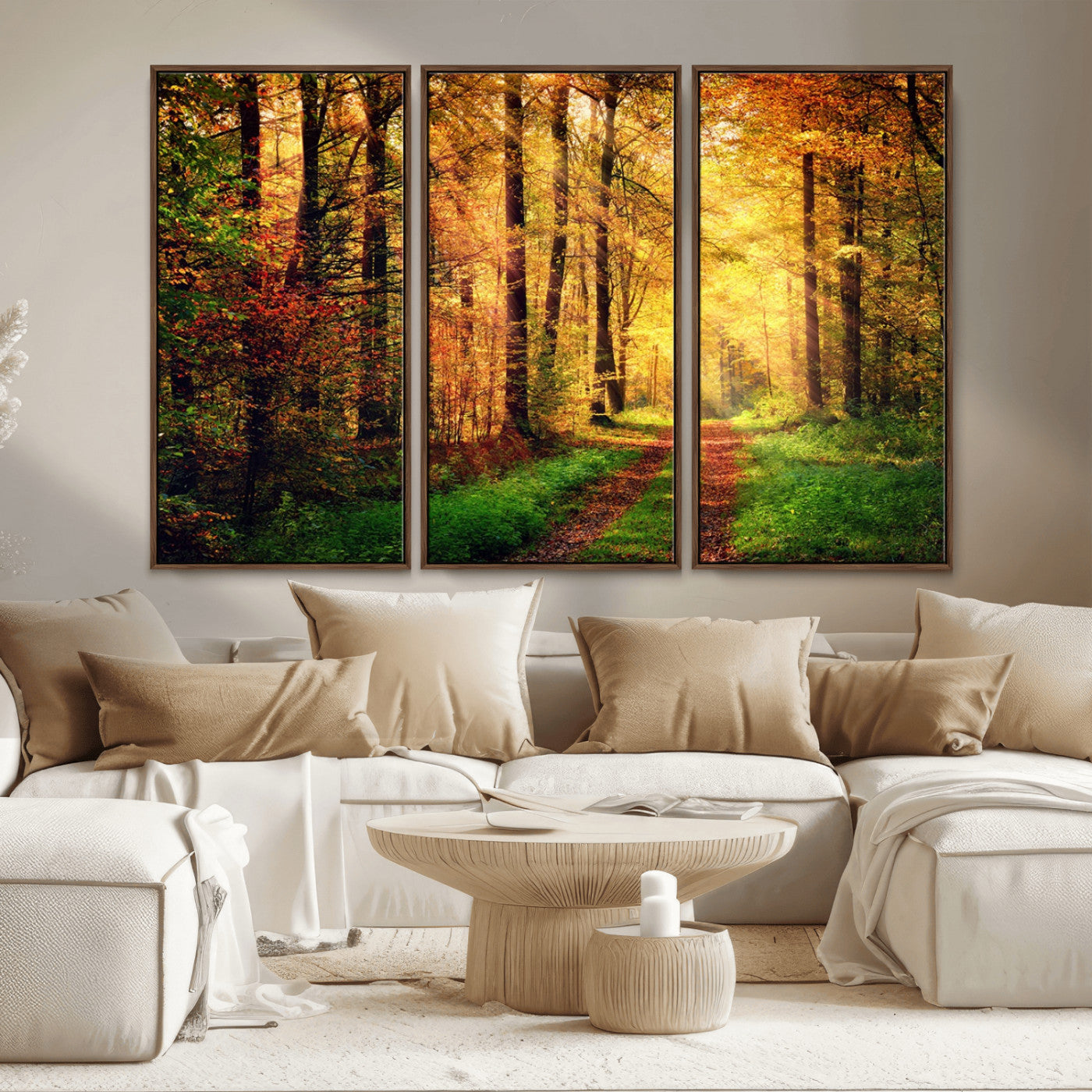 73494-MGV-CV-36X24-Golden Autumn Forest Path Wall Art – Sunlit Woodland Canvas Print, Fall Nature Landscape Home Decor