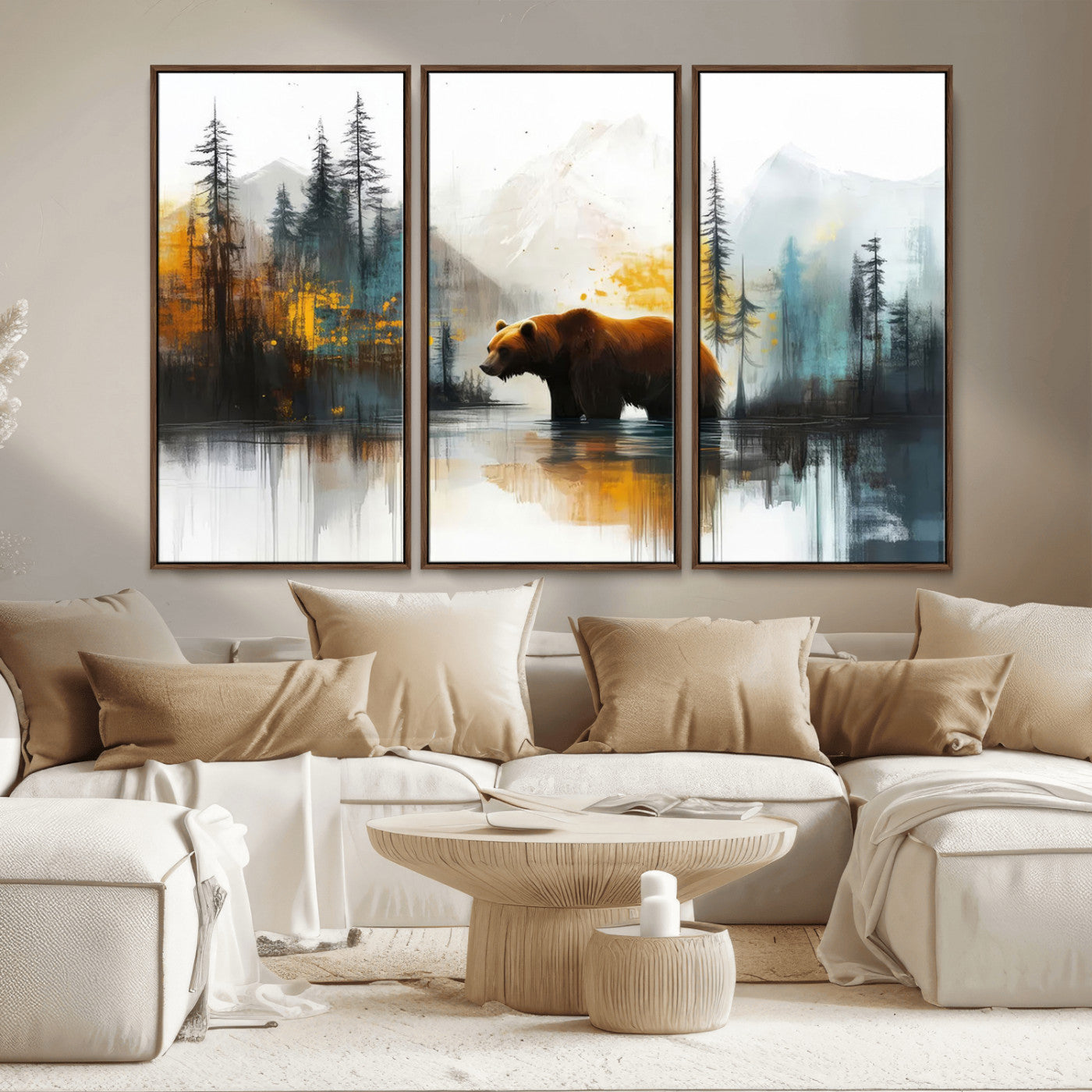 A majestic bear stands by the serene waters of a misty forest, surrounded by towering trees and distant mountains, evoking the raw beauty and wild spirit of nature.