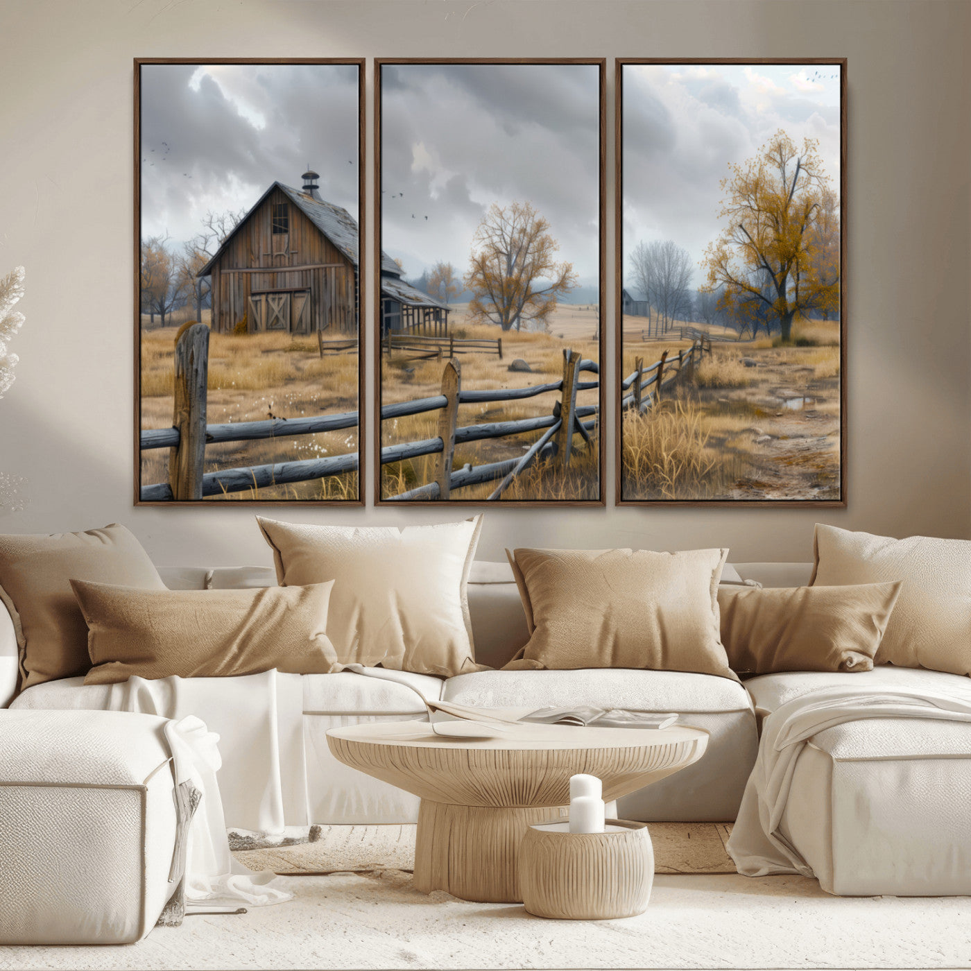 A tranquil rural scene featuring a rustic barn, overcast skies, and golden fields with scattered trees, evoking a sense of peaceful solitude in nature.