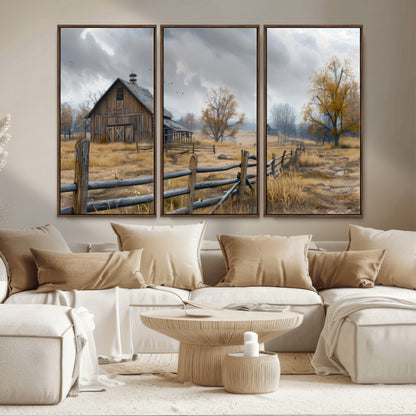 A tranquil rural scene featuring a rustic barn, overcast skies, and golden fields with scattered trees, evoking a sense of peaceful solitude in nature.