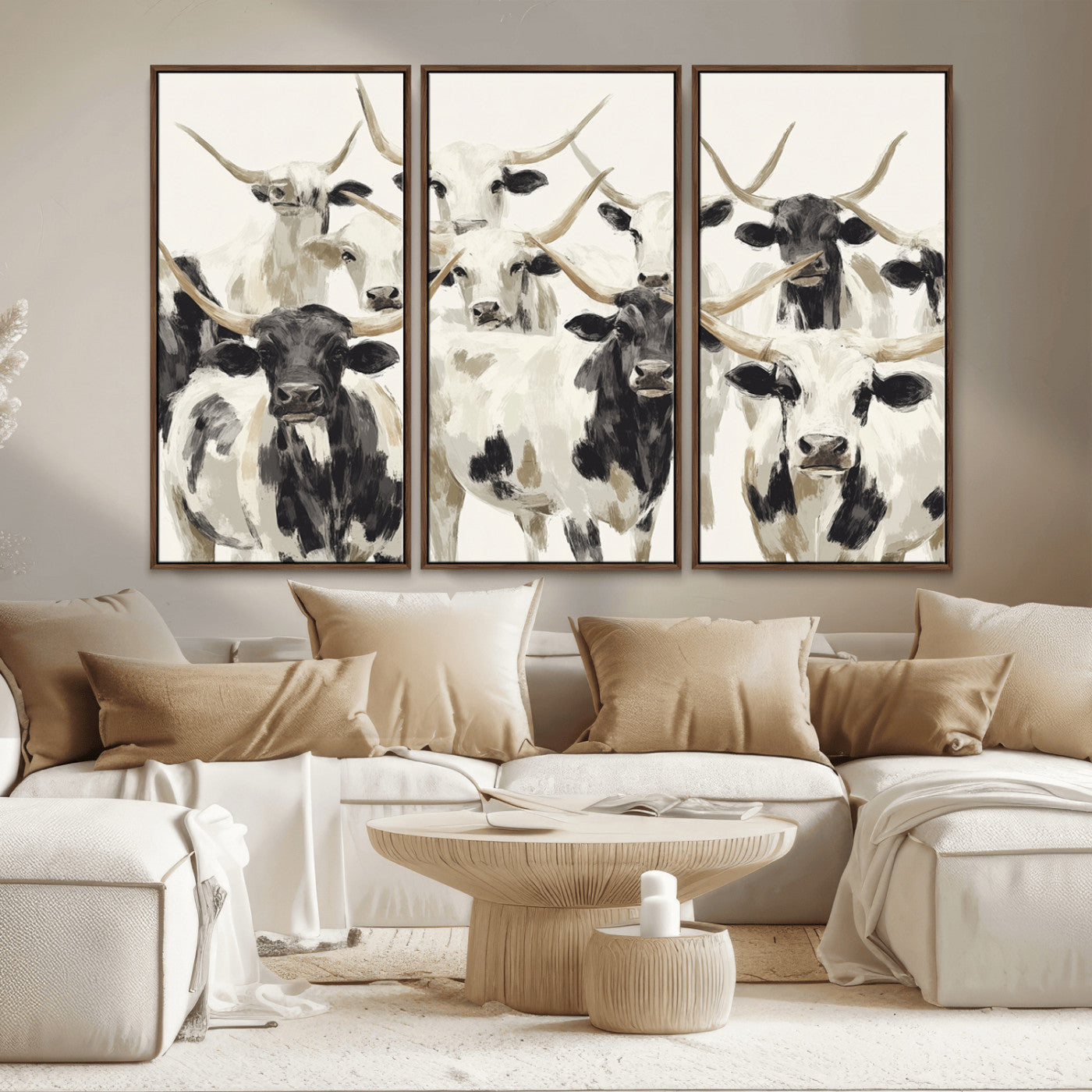 Canvas of a Texas Longhorn cattle herd in neutral black and white tones, ideal for rustic farmhouse or western-themed decor.