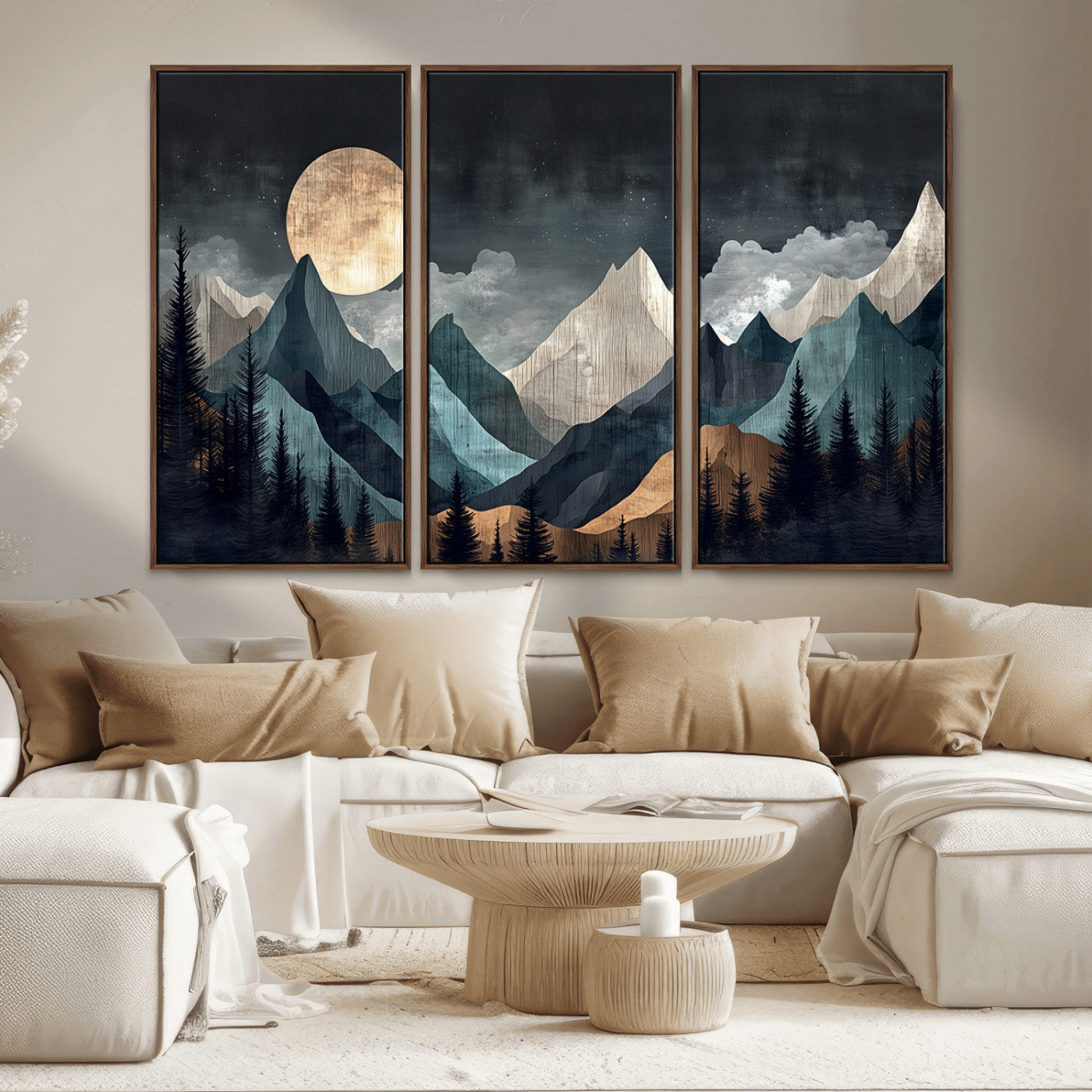 Stylized canvas of layered mountains under a full moon in neutral moody tones, ideal for nature-inspired or modern rustic interiors.