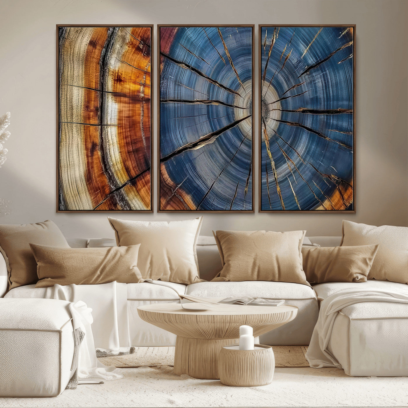A stunning close-up view of a tree trunk, showcasing the intricate growth rings in a vibrant mix of warm browns, cool blues, and hints of natural texture.