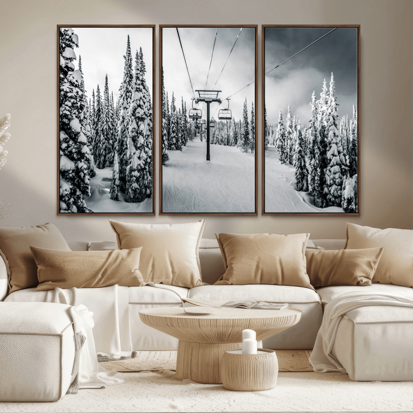 Canvas of a snowy ski lift scene through a forest of tall pine trees, ideal for moody winter or alpine-themed home decor.