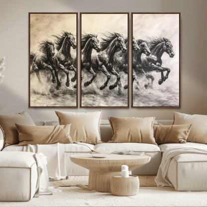 Monochrome drawing of a herd of galloping horses, perfect for dynamic and wild-themed decor in any equestrian or nature-inspired room.