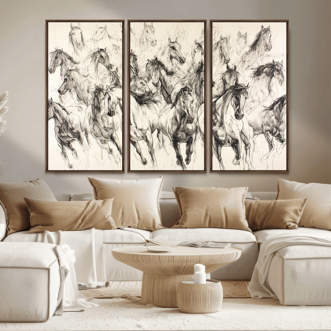 Monochrome ink sketch of galloping horses in dynamic motion, perfect for western or equine-themed wall decor with bold artistic energy.