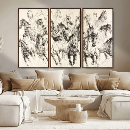 Monochrome ink sketch of galloping horses in dynamic motion, perfect for western or equine-themed wall decor with bold artistic energy.