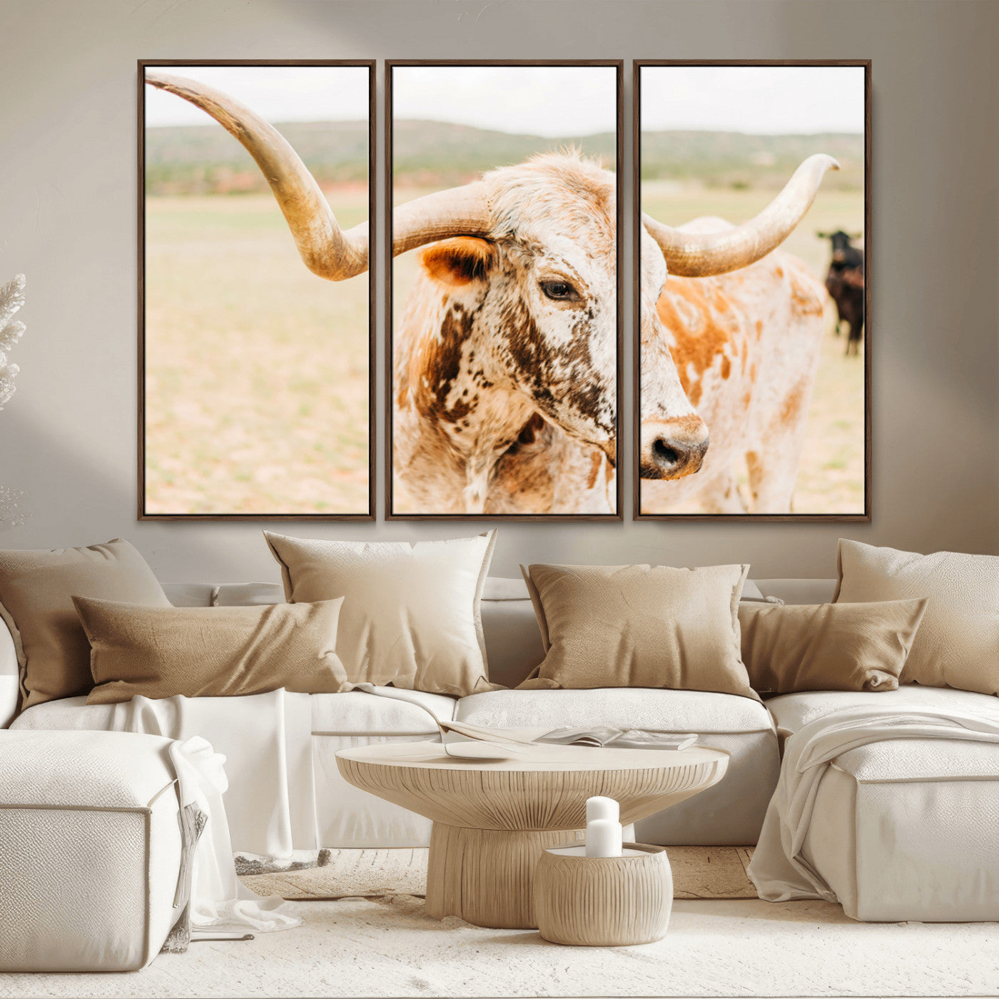 Close-up of a speckled Texas Longhorn in warm prairie tones, perfect for rustic western or countryside-themed room decor.