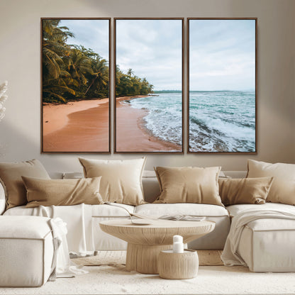 Framed canvas of a tropical beach with palm trees and soft waves, ideal for coastal escape or serene nature-inspired home decor.