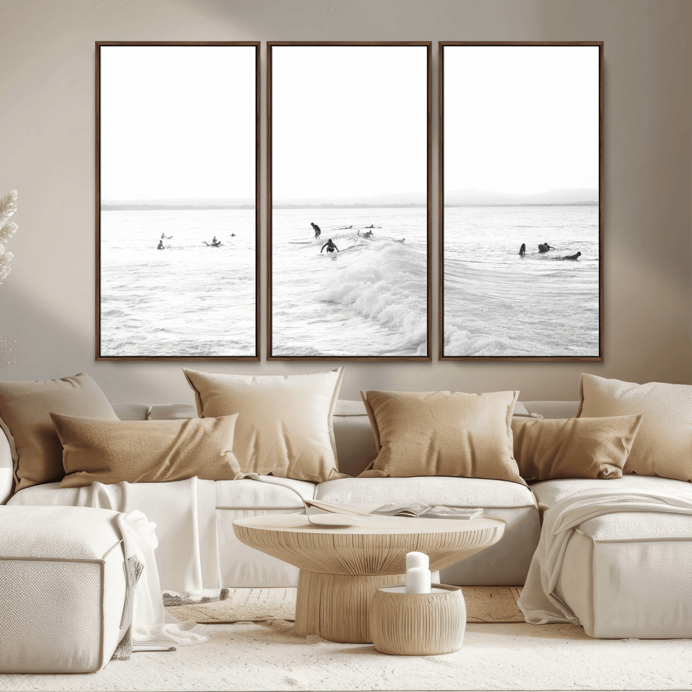 Monochrome photo of surfers riding and waiting on ocean waves, ideal for surf-themed or coastal energy wall decor.