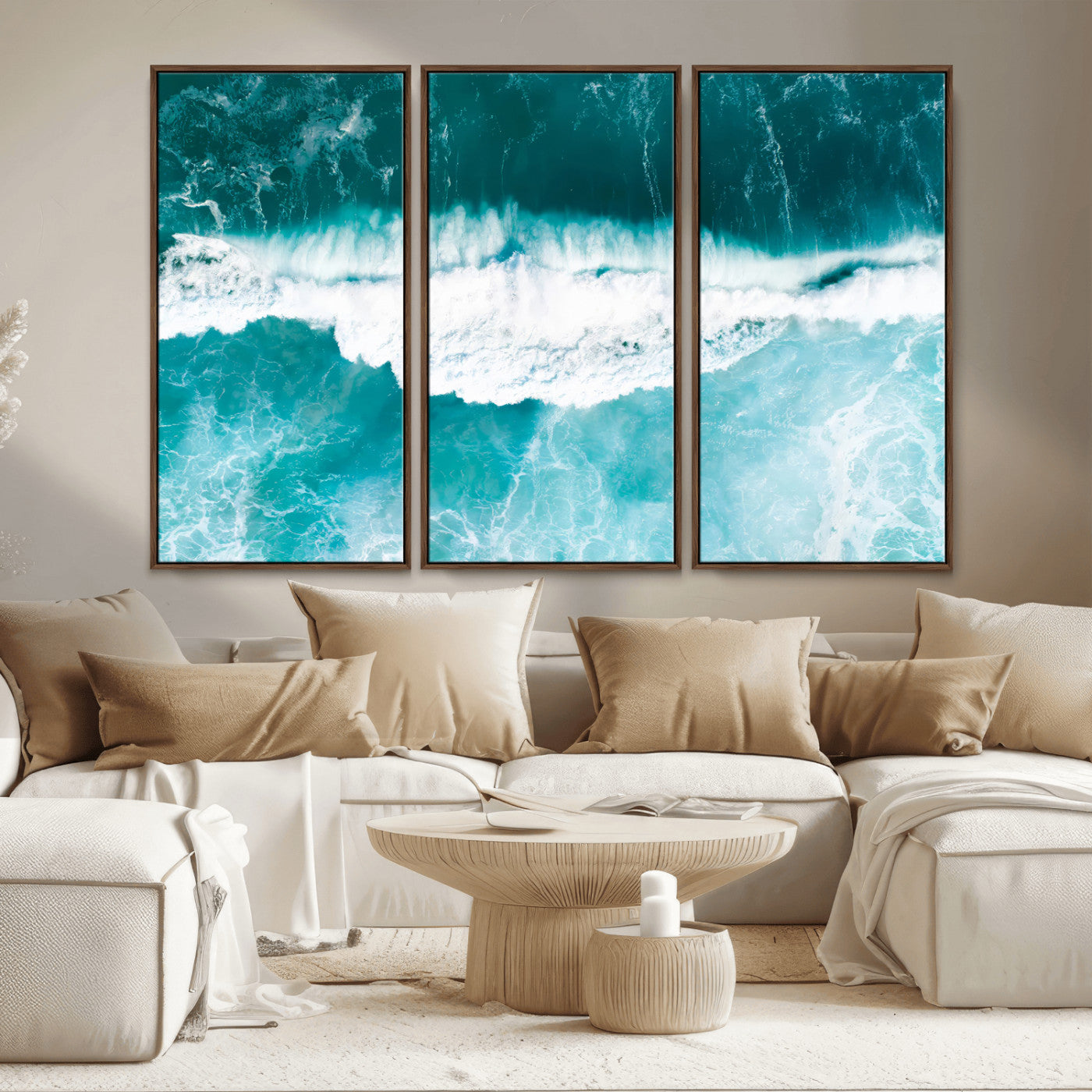 Aerial view of turquoise ocean waves crashing with white foam, perfect for tropical coastal or modern beach-style home decor.