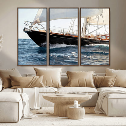 Close-up of a classic sailing yacht with wooden deck and full sails, perfect for nautical or coastal-style decor in ocean-themed spaces.