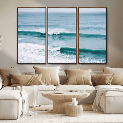 Powerful ocean waves rolling towards the shore, their turquoise hues blending with white sea foam under an open horizon, capturing the essence of the ocean's movement.