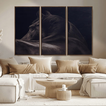 Close-up of a black horse with dramatic lighting on a dark background, perfect for rustic or masculine home decor.