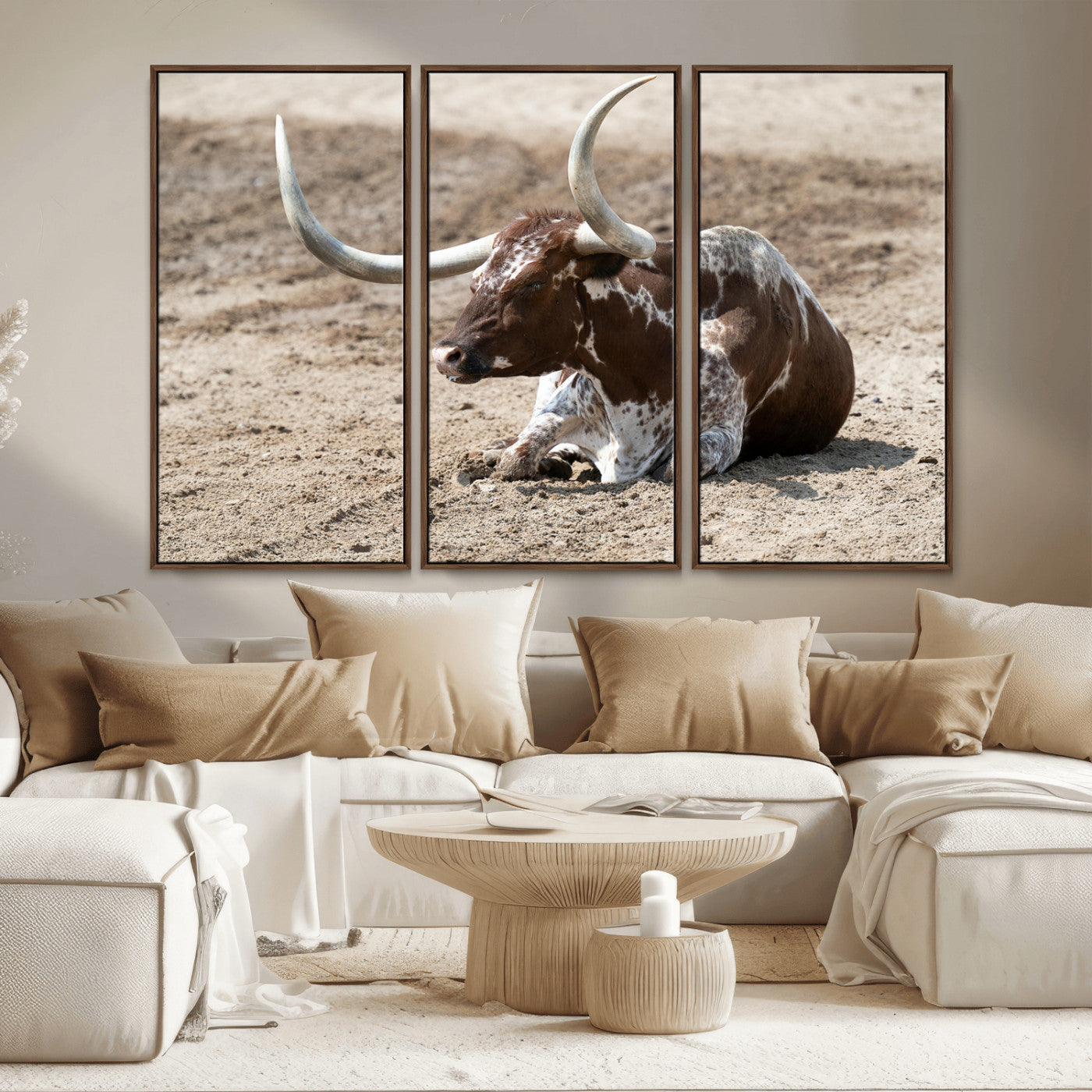 Texas Longhorn Wall Art Canvas Print, Framed Country Living Art Picture Print, Farmhouse Aesthetic Perfect Western Rustic Decor Artwork