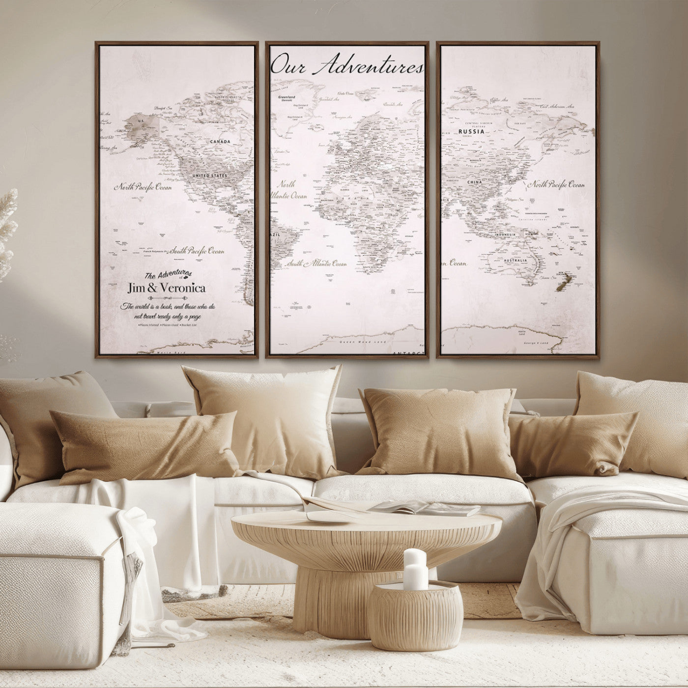 Customize Push Pin World Map Wall Canvas Print – Personalized Travel Map with Foam Pins – Framed Custom Quotie Canvas for Home Office Decor