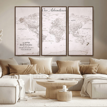 Customize Push Pin World Map Wall Canvas Print – Personalized Travel Map with Foam Pins – Framed Custom Quotie Canvas for Home Office Decor