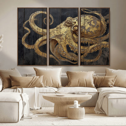 A detailed gold illustration of an octopus on black wooden planks, showing its intricate tentacles and textured skin in an artistic style.