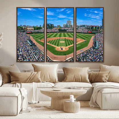 Wrigley Field Baseball Stadium Canvas Wall Art, Packed Crowd Sports Stadium Print, City Skyline Baseball Field Canvas for Game Room Decor