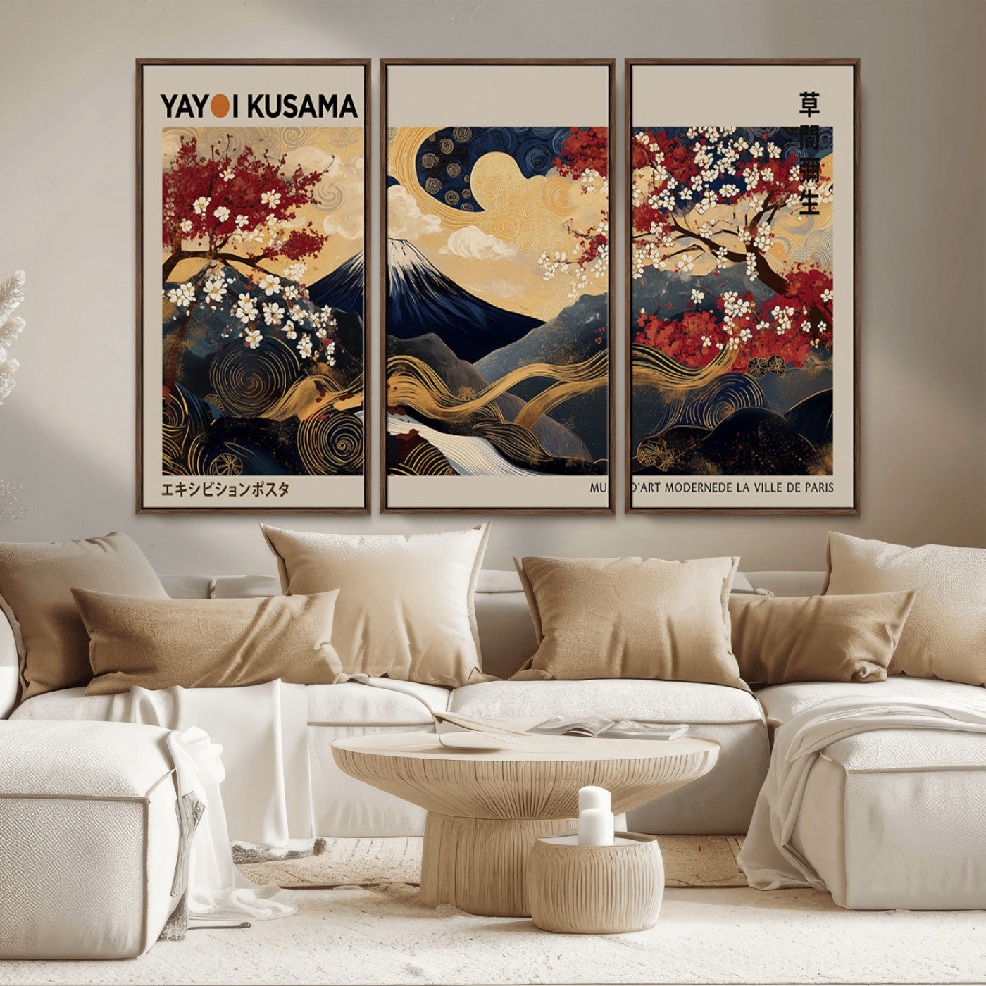 Yayoi Kusama's artwork featuring Mount Fuji, blooming cherry trees, and intricate swirls, blending traditional Japanese elements with vibrant color.
