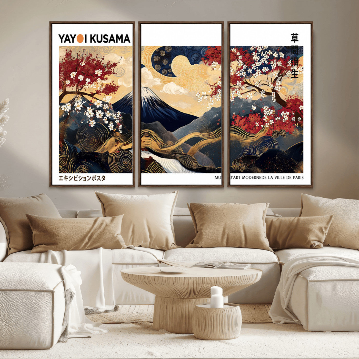 An artwork by Yayoi Kusama featuring Mount Fuji, blooming cherry blossoms, and swirling patterns in a harmonious blend of nature and art.