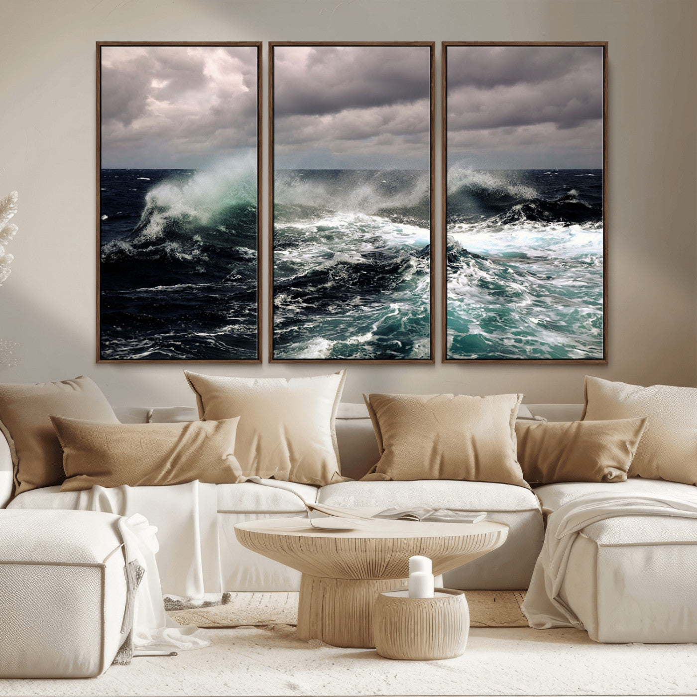 Powerful ocean waves crashing under stormy skies, creating a dynamic and intense seascape.
