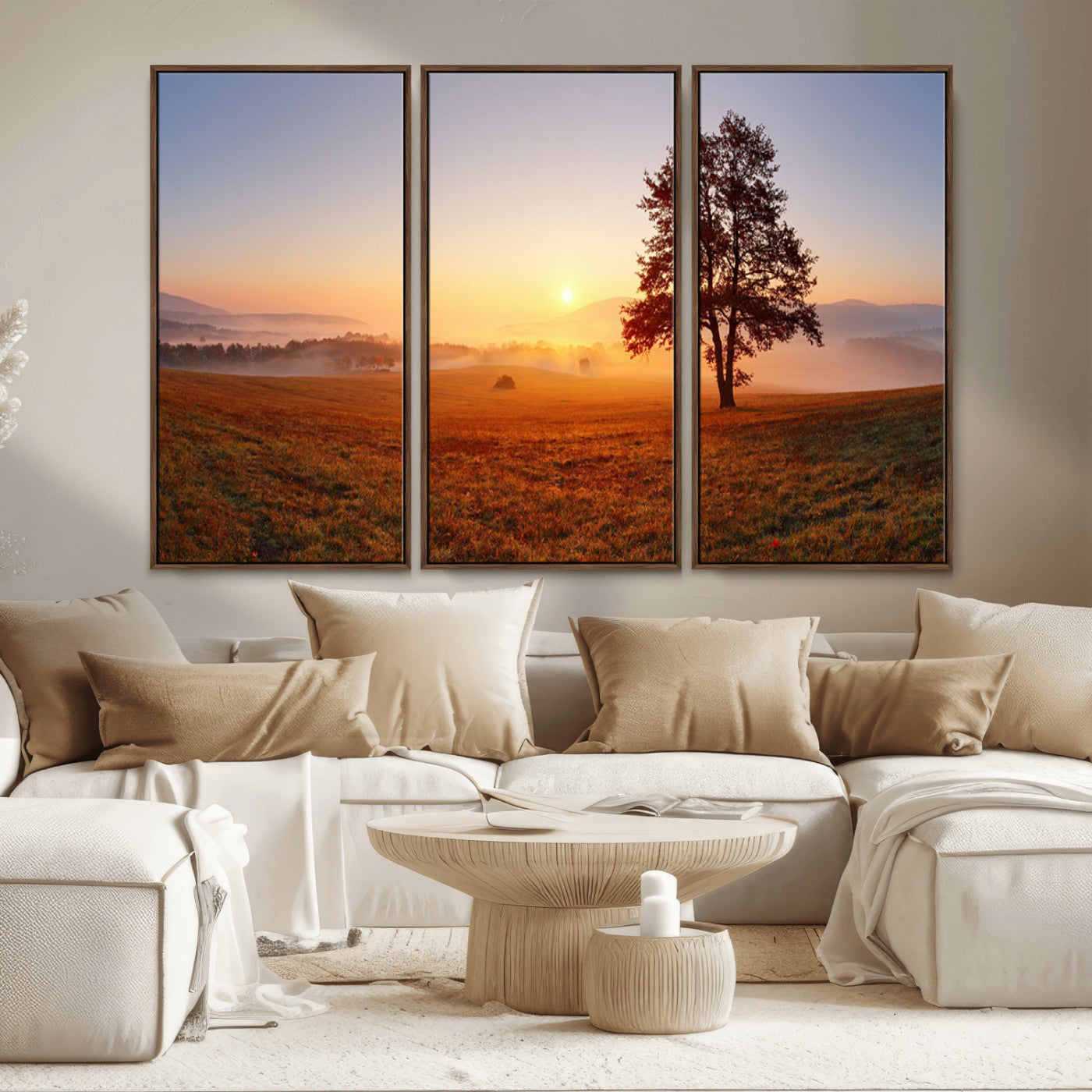 A tranquil landscape at sunrise with a mist-covered field and a lone tree, creating a peaceful and natural atmosphere.