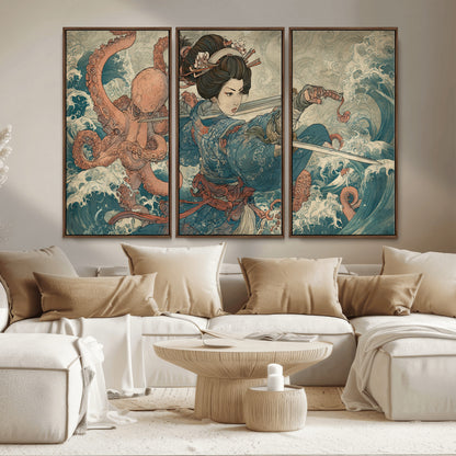Tsukioka Yoshitoshi Samurai Wall Art Print, Japanese Katana Warrior Canvas Wall Art, Octopus Sea Monster Canvas Print,