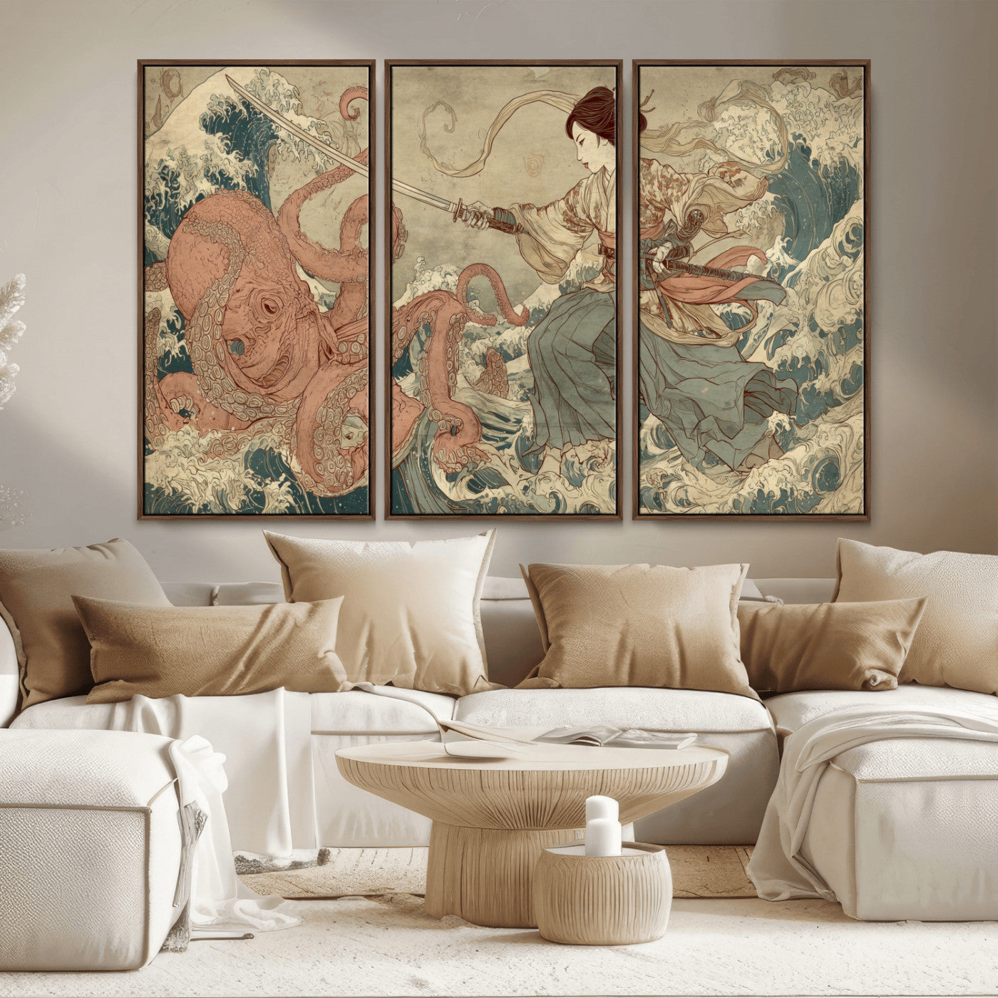Tsukioka Yoshitoshi Samurai Wall Art Print, Japanese Katana Warrior Canvas Wall Art, Octopus Sea Monster Canvas Print,