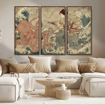 Tsukioka Yoshitoshi Samurai Wall Art Print, Japanese Katana Warrior Canvas Wall Art, Octopus Sea Monster Canvas Print,
