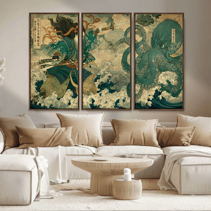 Tsukioka Yoshitoshi Samurai Wall Art Print, Japanese Katana Warrior Canvas Wall Art, Octopus Sea Monster Canvas Print,