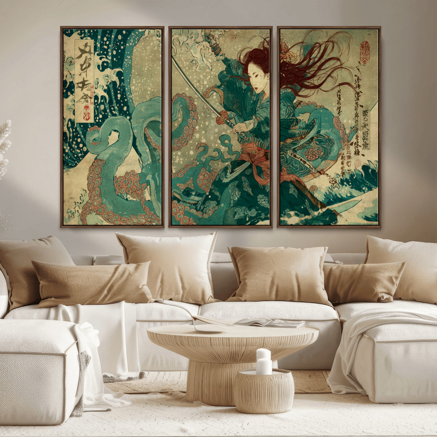 Tsukioka Yoshitoshi Samurai Wall Art Print, Japanese Katana Warrior Canvas Wall Art, Octopus Sea Monster Canvas Print,