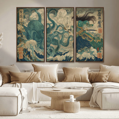 Tsukioka Yoshitoshi Samurai Wall Art Print, Japanese Katana Warrior Canvas Wall Art, Octopus Sea Monster Canvas Print,