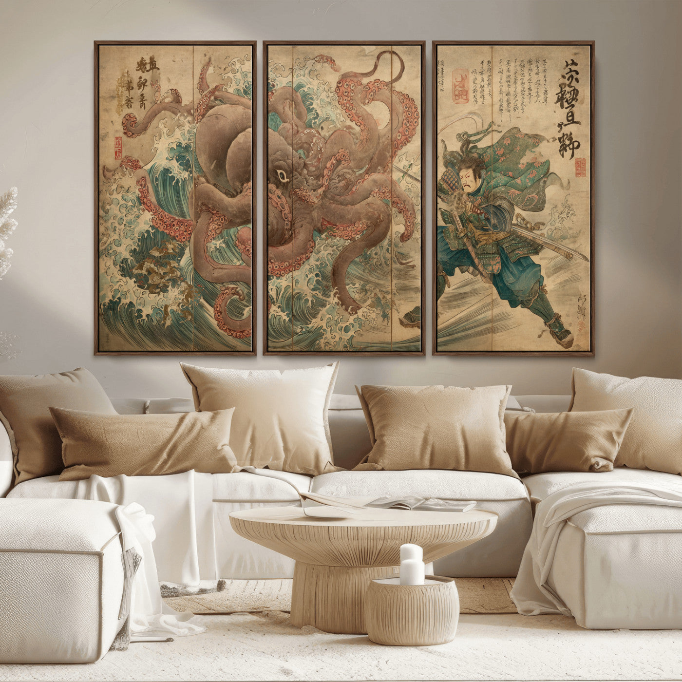 Tsukioka Yoshitoshi Samurai Wall Art Print, Japanese Katana Warrior Canvas Wall Art, Octopus Sea Monster Canvas Print,